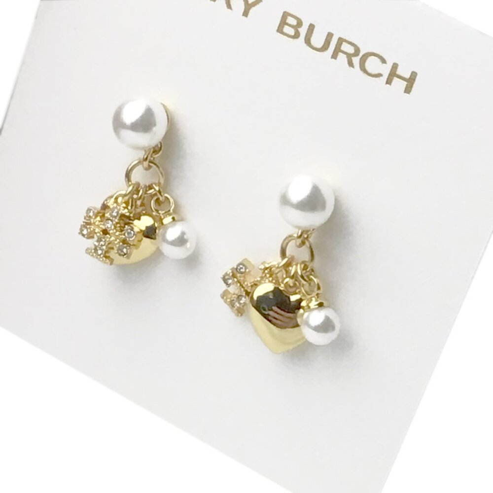 Tory Burch Crystal/Faux Pearl Heart Charm Dangle/Drop Earrings - Picture 4 of 7